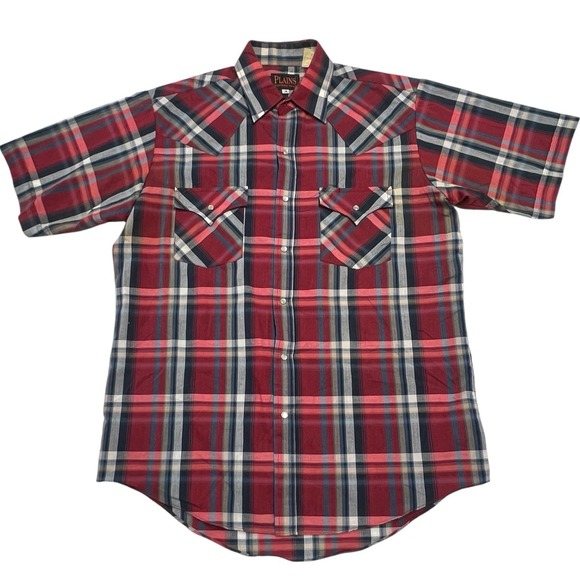 Western Rise Other - Vtg Plains Western Wear‎ Shirt Men's Medium Plaid Pearl Snap Short Sleeve